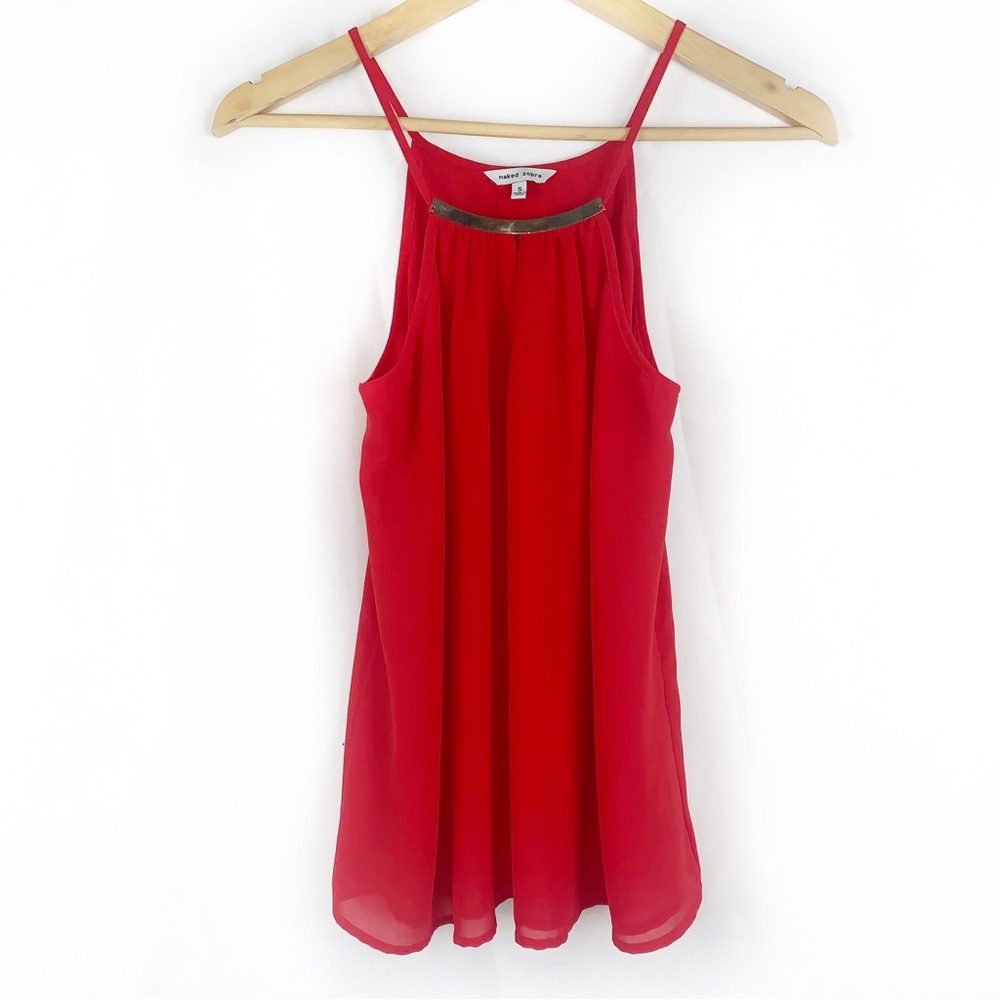 Naked Zebra Red Halter Tank Top Gold Accents